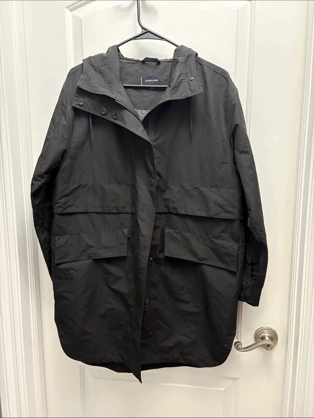 Everlane ReNew Long Anorak Black Hooded Rain Jacket Coat Women’s Small Oversized